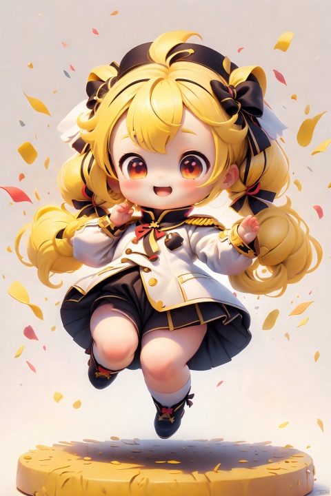 best quality,masterpiece,cute:1.2,yellow hair,red eyes,twintails,white cheer girl's uniform,black ribbon,bangs,solo welcome pose, happy,celebrate,stretching hands,raise hands,say hello,(((jump up))),dynamic angle,white background, 