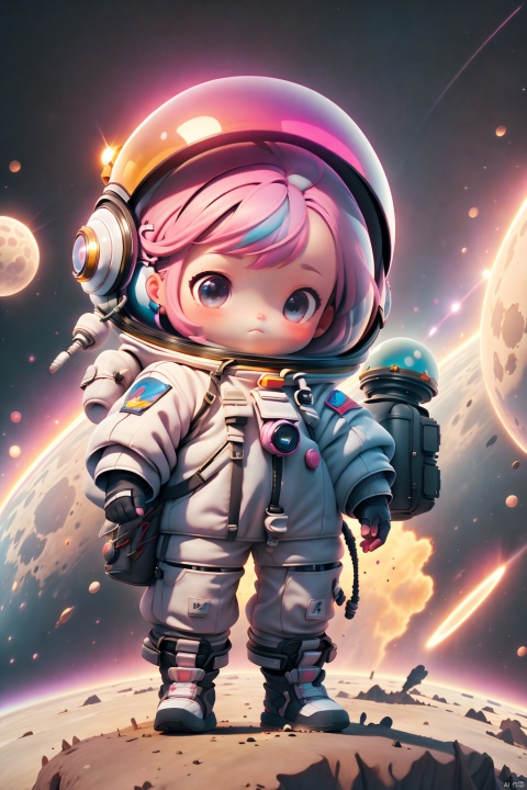  masterpiece, best quality, 8k, cinematic light, ultra high res, chibi, 1girl, solo, astronaut, spacesuit, helmet, space helmet, full body, gloves, standing, pink hair,