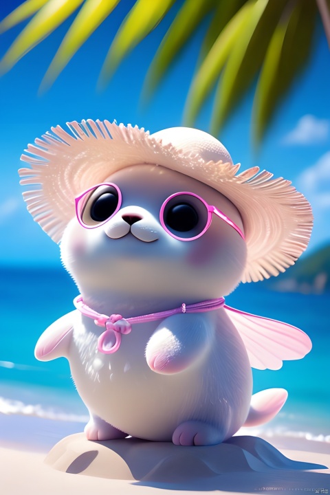  Cute pink seals on the beach, translucent bodies, sun hats, sunglasses, shells, coconut trees,
