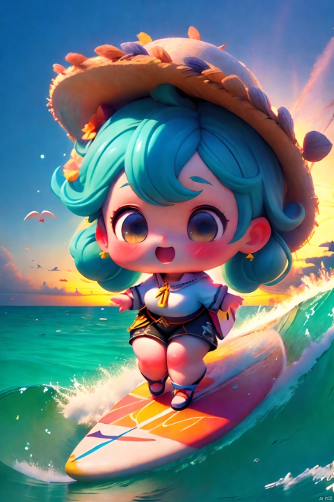  Cute, chubby,chibi
(((masterpiece))),(((best quality))),(((extremely detailed))),Surfing at the beach,1girl
, 3d stely, A girl, wearing a white blouse with coconut trees printed on it, a short skirt, standing on a surfboard, surfing, huge waves, white foam behind the surfboard, fluttering splashes, clear blue water, beautiful sunset, surf