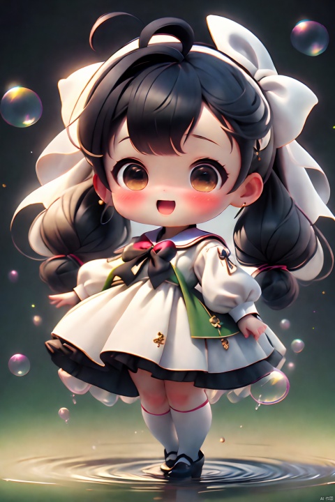  1girl, :d, ahoge, air_bubble, black_hair, blush, bow, brown_eyes, bubble, dress, green_bow, green_bowtie, long_hair, looking_at_viewer, open_mouth, puffy_short_sleeves, puffy_sleeves, sailor_collar, short_sleeves, simple_background, smile, solo, twintails, water, water_drop, white_background, white_dress
