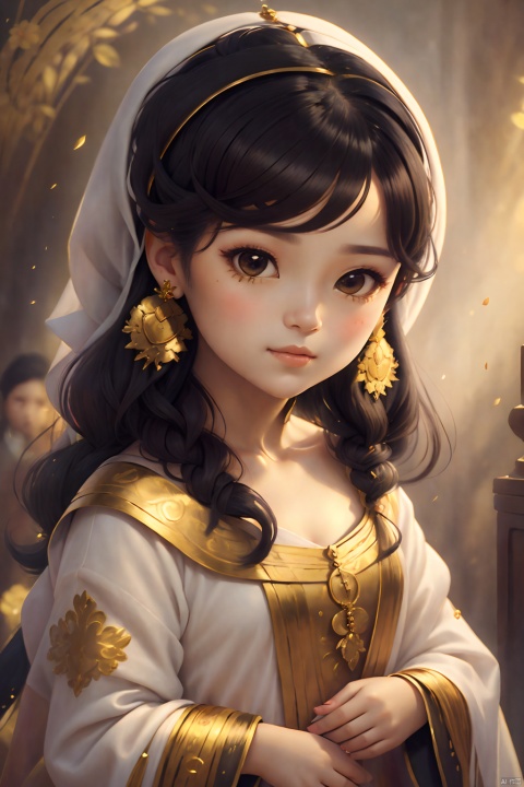  a cute little chibi girl, A woman wearing a white headscarf and golden earrings, with a gentle expression on her face, is the main subject of this painting. Her skin appears smooth, and her makeup is subtle, emphasizing her natural beauty. The background is dark, which makes her stand out even more.