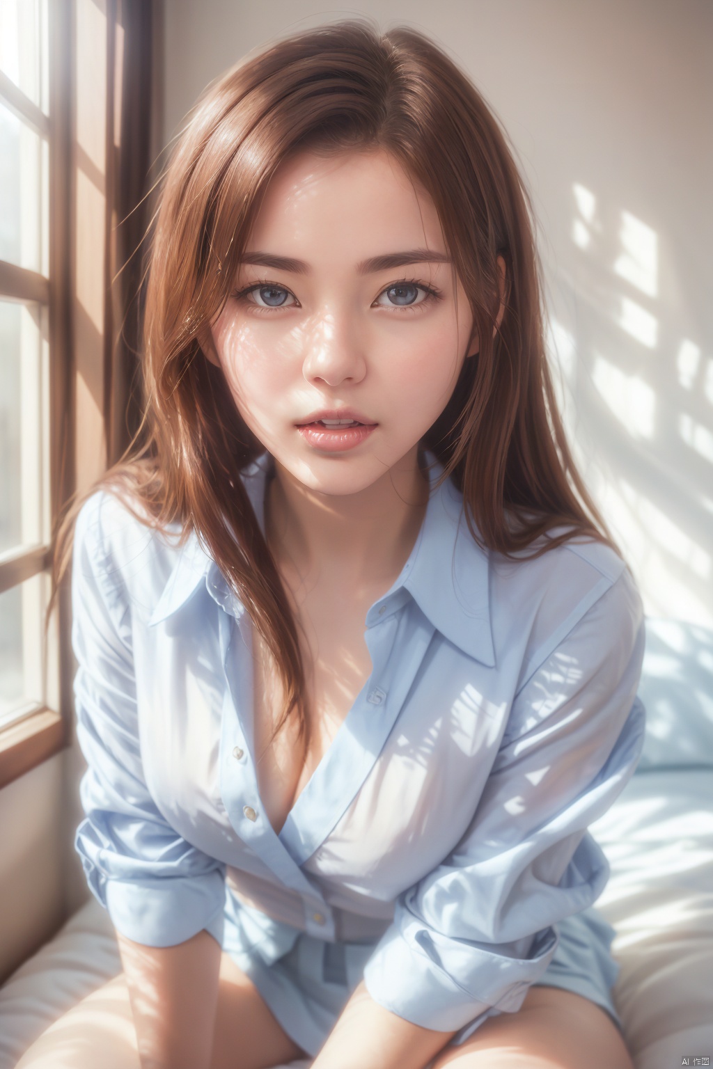  1 girl sitting on the bedroom bed, wearing sexy clothes, school uniform, uniform, white clothes, outdoor light shining into the room, sexy face, charming expression, hands supporting, sitting, super realistic, best quality, ultra-high definition, biting lips, half body, up close, close-up, linzhiling, office lady
