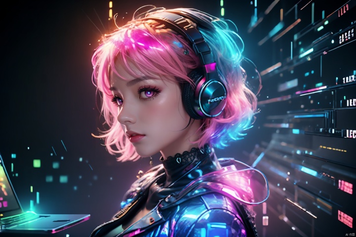  Masterpiece, Best Quality, Lenovo AIPC, Laptop: 1.4, ((Holographic Interface)), 1girl, Short Hair, Short Pink, Punk, Cyber, Blur, English Text, Glow, Headphones, Neon Decoration, ((ASCII Art)),
