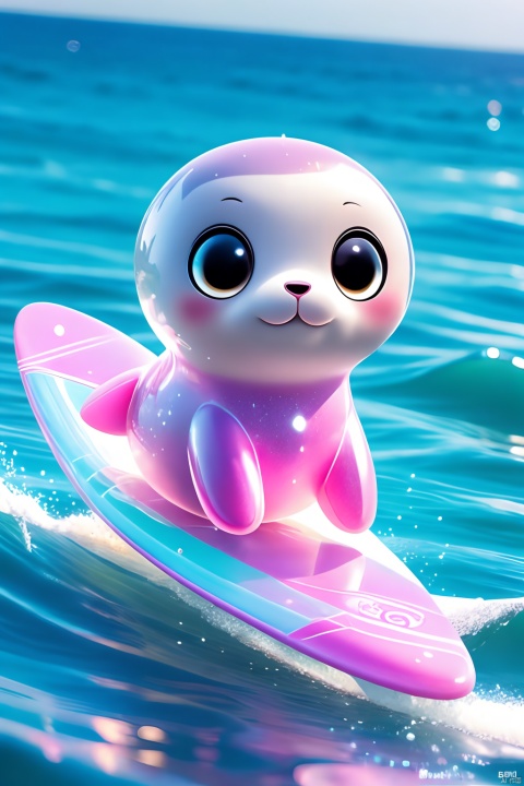  Cute pink seal, translucent pink pvc body, waves, sea water, surfboard, surfing