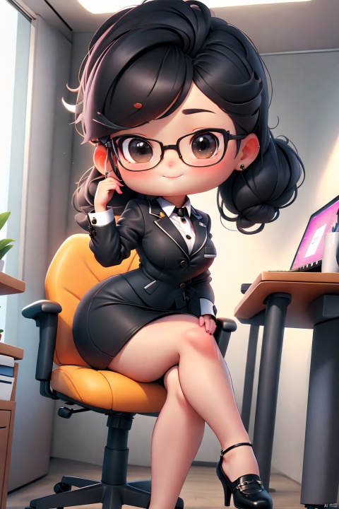  masterpiece,best quality,8K,official art,ultra high res,owo style,chibi,1girl,A sexy female secretary sitting on the ground,wearing a mini skirt,black stockings,and high heels. Confident posture,crossed legs,alluring expression,sleek and professional hairstyle,modern office setting,laptop or tablet in hand,stylish accessories,fashionable attire,contemporary office environment,seductive charm,