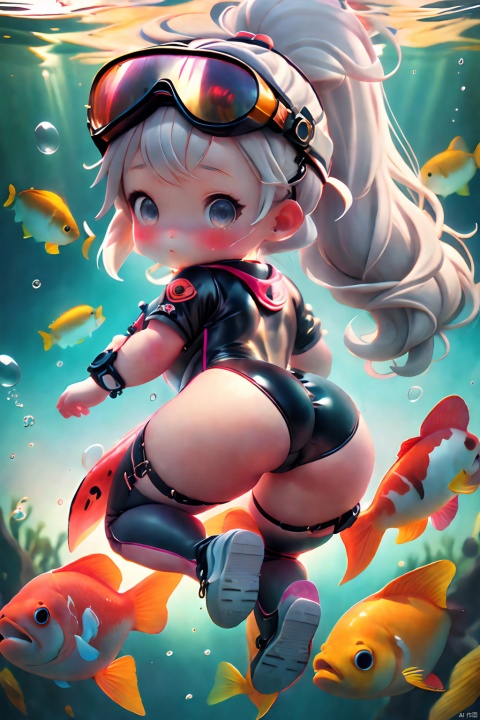 (masterpiece), (best quality), loli, 1girl, goggles, solo, swimsuit, fish, ponytail, diving mask, underwater, long hair, goggles on head, one-piece swimsuit, bubble, looking at viewer, bangs, grey eyes, white footwear, air bubble, breasts, grey hair, looking back, snorkel, thigh strap
