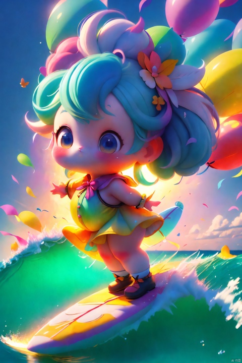  Cute, Chubby, (Masterpiece), (Best Quality), Illustration, Ultra Detailed, HD, Depth of Field, (Color), Loli, (Color Background: 1.3), Masterpiece, Best Quality, Fantasy, (Various Decorations:1.1), Imagination, (Brightness:1.3), White, CG, 8k, Various, Water, Cloudy Sky, 1 Girl, (Rainbow, Coloful Balloons, Many Balloons), Armpits, (Cute:1.1), Ribbon, PVC Dress, Standing on a surfboard, surfing, Huge waves, white foam behind surfboards, fluttering splashes, clear blue waters, beautiful sunsets, beautiful light and shadows, sunlight sprinkled on the sea,
