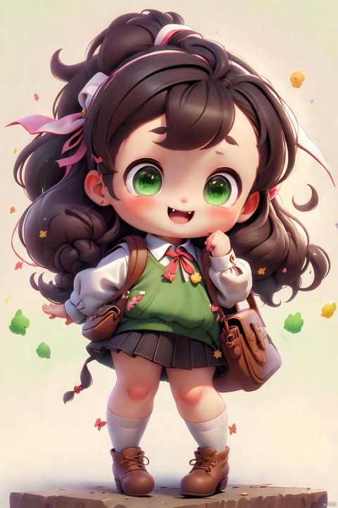  ((HRD, HUD, 8K)),((masterpiece, best quality)), highly detailed, soft light, Handmade, 1girl, solo, brown hair, green eyes, fang, school uniform, chibi, skirt, long hair, bag, antenna hair, smile, open mouth, sweater vest, white background, simple background, ribbon, pleated skirt, looking at viewer, :d, school bag, full body, red ribbon, shirt, brown footwear, socks
