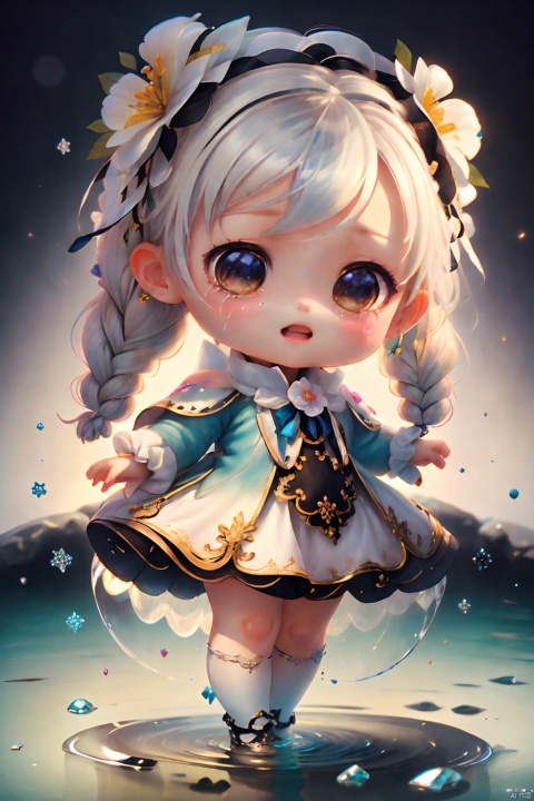  a cute little chibi girl,(masterpiece),(best quality),1 girl,loli,White Dress,White short hair,braids,lily flower hair clip,upper body,cry,water,black background,Ice crystal,dappled sunlight,Suspended colorless crystal,beautiful detailed glow, (detailed ice), beautiful detailed water,
