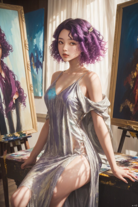  1girl, purple curly hair, upper body, long dress, portrait, Painting, portrait, thick coating, oil painting