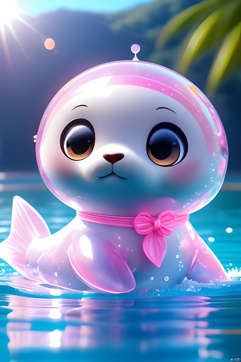  Cute pink seal, translucent pink pvc body,
Water polo, waves, leather balls, waves, water splashes, sunshine