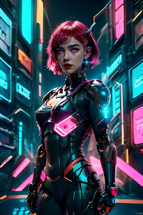  Anime Artwork Lucy (Cyberpunk), Pink Short Hair, Pink Eyes, Red Lips, (Front), (Full Body), Bodysuit, Punk Stud Earrings, Bossy, Brave, Key Visual, Vibrant, High Detail, Illustration, Short Straight Hair, Futurism, NFT Art, Solid Color Background, Robotic Arm, Cartoon Coloring, Tendal Effect. Non-Realistic Rendering Transparency, Color Tilt, Animation, Blender Geometry Art, Intrlligence 4k Image, Epic, Cinematic Effects, Neon Cold Pounding, Octane Rendering, OC, 8k, Lida