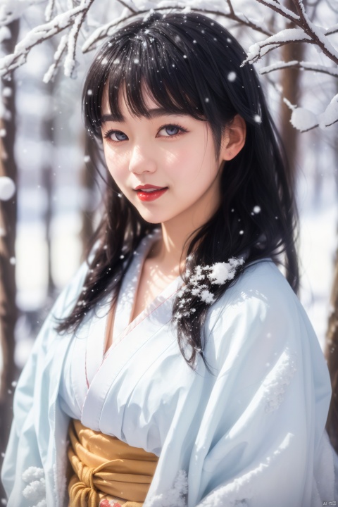  1girl, solo, black hair, red lips, looking at viewer, long hair, japanese clothes, black eyes, realistic, portrait, smile, snow, makeup, lips, closed mouth, lipstick, kimono, snowing
