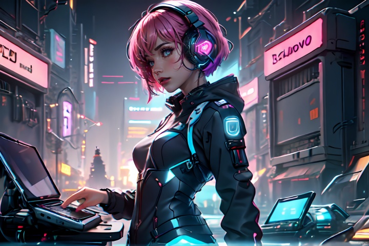  Masterpiece, Best Quality, Lenovo AIPC, Laptop: 1.4, ((Holographic Interface)), 1girl, Short Hair, Short Pink, Punk, Cyber, Blur, English Text, Glow, Headphones, Neon Decoration, ((ASCII Art)),
