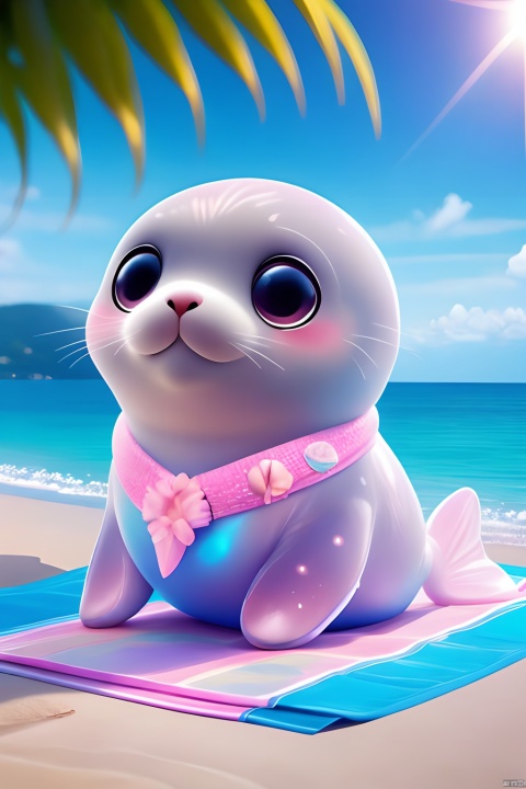  Cute pink seals, translucent body, beach, umbrellas, deck chairs, shells, sun, sun, sunbathing