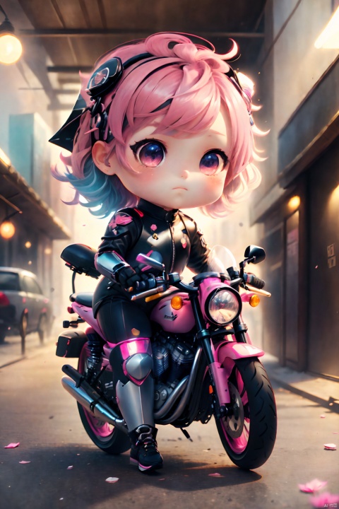  a cute little chibi girl,Pink split short hair, pink eyes, royal sister, sassy, sci-fi style, motorcycle, Harley, shota
