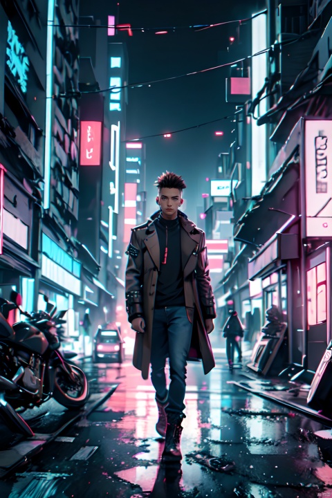  (best quality), ((masterpiece)), (highres), illustration, original, extremely detailed,male focus, 1boy\(cyberpunk, 18 years old\), muscular male, whirte t-shirt with text "ZOTAC",black trench coat, jeans, boots,warming,short silver and light brown hair,necklacer,BREAK, look at viewer, building, cityscape,, cyberpunk, dramatic, key visual, vibrant, highly detailed
