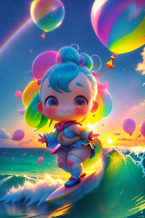  Cute, Chubby, (Masterpiece), (Best Quality), Illustration, Ultra Detailed, HD, Depth of Field, (Color), Loli, (Color Background: 1.3), Masterpiece, Best Quality, Fantasy, (Various Decorations:1.1), Imagination, (Brightness:1.3), White, CG, 8k, Various, Water, Cloudy Sky, 1 Girl, (Rainbow, Coloful Balloons, Many Balloons), Armpits, (Cute:1.1), Ribbon, PVC Dress, Standing on a surfboard, surfing, Huge waves, white foam behind surfboards, fluttering splashes, clear blue waters, beautiful sunsets, beautiful light and shadows, sunlight sprinkled on the sea,
