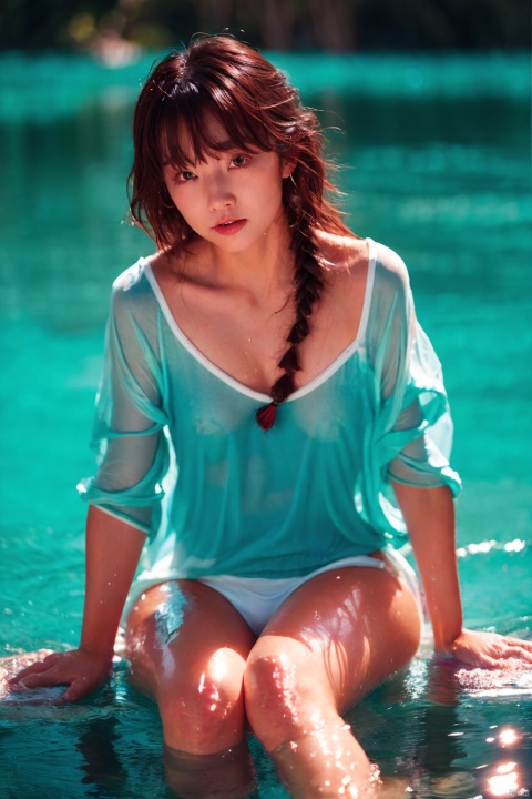  (masterpiece), (best quality), loli, 1girl, see-through, rubber duck, solo, long hair, water, barefoot, red eyes, looking at viewer, ahoge, innertube, shorts, shirt, sitting, wet clothes, arm up, white shirt, wet, long sleeves, blush, bangs, full body, bare legs, see-through shirt, collarbone, brown hair, partially submerged, braid, black hair, short shorts, wet shirt,aqua theme,
