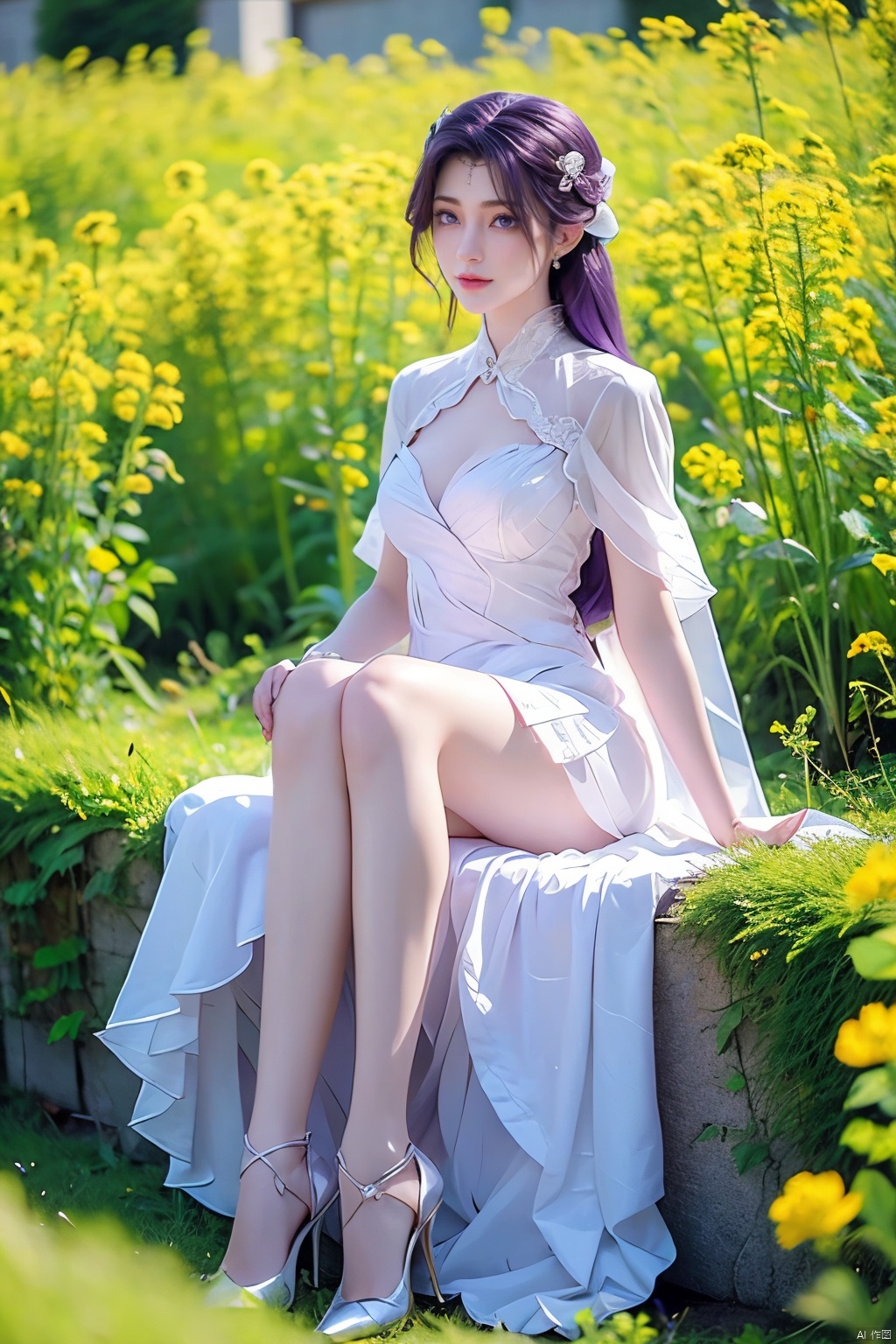 Purple pupil and purple hair, white dress, sitting in the flowers.Full-length high heels