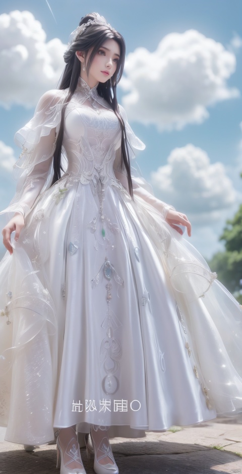  Baisi wedding dress, full-body photo, high heels, white theme, flower background, flowers everywhere, long hair fluttering, white clouds blossoming.