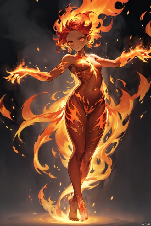 Fire element sprite girl, with a graceful figure resembling dancing flames, exudes scorching energy. Her skin resembles the orange-red color of flames, shimmering with a faint light, as if she were a spirit born from the fire. Her hair presents a blazing fiery red, and her eyes are deep and searing, with pupils that seem to contain burning flames. Without wearing any clothing, her skin reveals flames, flowing like an extension of red-orange flames. Tiny flame patterns are embedded on her arms, and flame-shaped earrings dangle from her ears, sparkling faintly. Flames surround her, dancing around her.
