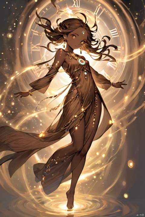 A sprite maiden of the time element, with a mysterious figure resembling the flow of time, exudes profound energy. Her skin resembles brown ancient textures, shimmering with a faint light, as if she were a spirit nurtured within time. Her hair presents a deep ash-brown color, and her eyes are deep and wise, with pupils that seem to contain the traces of time. Her attire is woven from time, and the flowing brown fabric appears like an extension of time itself. Tiny clock-like patterns are embedded on her arms, and clock-hand-shaped earrings dangle from her ears, sparkling faintly. Around her seems to linger an atmosphere of time, as time flows ceaselessly around her.