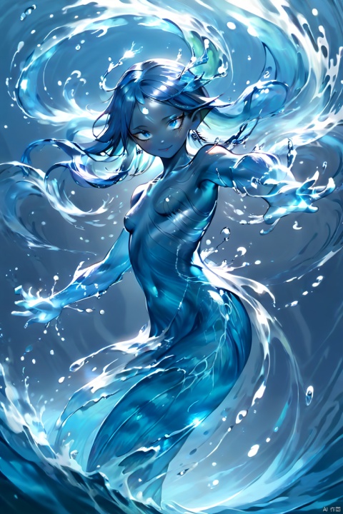 Water element sprite girl, with a light figure resembling flowing water, exudes a fresh and moist energy. Her skin resembles the blue color of water ripples, shimmering with a faint light, as if she were a spirit born from the water's surface. Her hair presents a flowing deep blue color, and her eyes are clear and bright, with pupils that seem to contain surging water currents. Without wearing any clothing, her skin reveals water ripples, flowing like an extension of blue water. Tiny water ripple patterns are embedded on her arms, and droplet-shaped earrings dangle from her ears, sparkling faintly. Around her flows water, streaming around her.