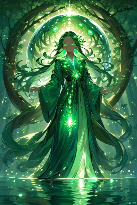 The embodiment of the World Tree is a young girl with long hair, vibrant like emerald leaves. Her eyes are deep and clear, resembling the reflection of the sky in a tranquil lake, emanating wisdom and serenity. Adorned in a magnificent gown woven from natural elements, the robe is adorned with green gems that emit a radiant glow. In her hand, there is a green magical sphere.