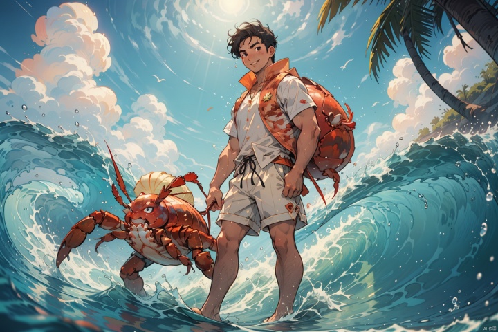  (((anime style,Masterpiece))),((Best Quality))),absurdres,lens flare,1boy,full body,Strong build,(standing,surf:1.25),(Holding a conch in hand:1.2),(A man stands on a lobster and surfs:1.2),black_hair,hair,wet hair,short hair,hair up,hair slicked back,white vest break Aquamarine shorts break black slippers,earnest,smile,black eyes,((closed mouth:1.25)),(Sea water,waves),palm leaves,(coconut,Open the coconut:1.21),(lobster,hermit crab,seashell,conch:1.35),outdoors,summer,hot,art,official art,Light,(corrugation,wavy:1.22),