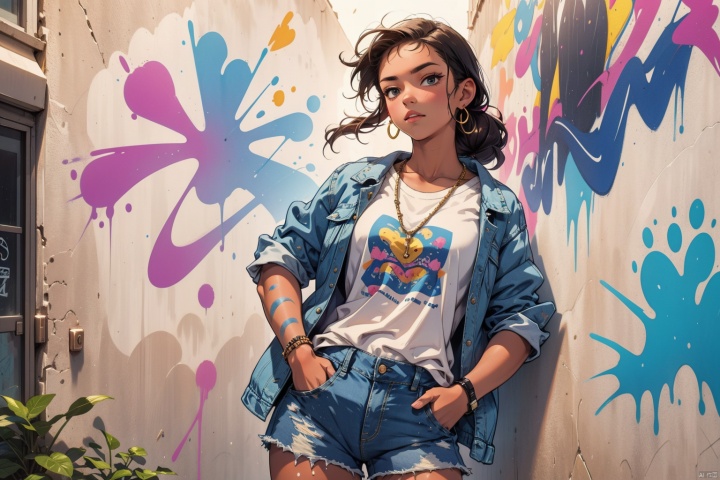  best quality,masterpiece,illustration,earrings,,hand in pocket,Denim shorts,an extremely delicate and beautiful,extremely detailed,CG,unity,8k,wallpaper,Amazing,finely detail,1 girl, solo, street, graffiti, white short sleeved, denim jacket, denim shorts, sneakers, spray painting,graffiti on the wall, hip-hop, street culture, jtc