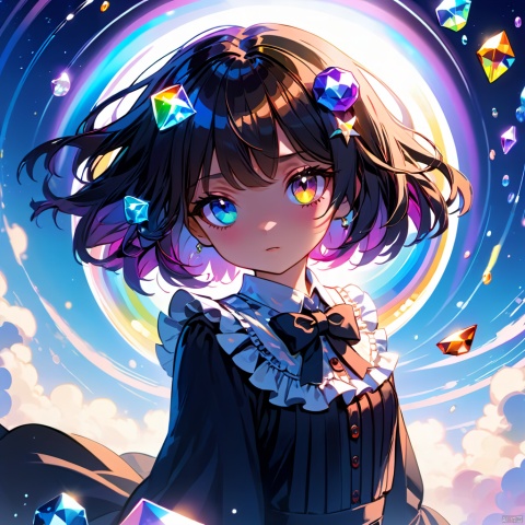  ((illustration)), ((floating hair)), ((chromatic aberration)), ((caustic)), lens flare, dynamic angle, ((portrait)), 
 (1 girl), ((solo)), cute face, ((hidden hands)), asymmetrical bangs, (beautiful detailed eyes), eye shadow, 
 ((huge planet)), ((Gemstone strips)), (floating gem fragments), ((colorful refraction)), (beautiful detailed sky), 
 ((dark intense shadows)), ((cinematic lighting)), ((overexposure)), 
 (expressionless), blank stare, 
 big top sleeves, ((frills)), hair_ornament, ribbons, bowties, buttons, (((small breast))), pleated skirt, 
 ((sharp focus)), ((masterpiece)), (((best quality))), ((extremely detailed)), colorful,