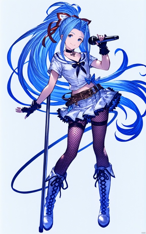  lyria (granblue fantasy), masterpiece, 1girl, microphone, long hair, blue eyes, solo, microphone stand, blue hair, boots, official alternate costume, skirt, fishnets, holding microphone, full body, ponytail, smile, very long hair, holding, choker, white skirt, shirt, ribbon, white background, pantyhose, hair ribbon, belt, looking at viewer, gloves, white shirt, fingerless gloves, midriff, knee boots, simple background, standing, idol, white footwear, hair ornament, alternate costume, cross-laced footwear, floating hair, jewelry, short sleeves, black gloves, miniskirt, red ribbon, closed mouth, fishnet pantyhose, thighhighs, tied shirt, lace-up boots