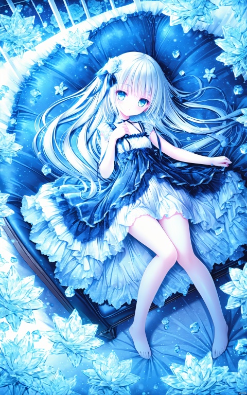 (masterpiece), (best quality), illustration, ultra detailed, hdr, Depth of field, (colorful),loli,full_body, finely detailed, dark, Depth of field, masterpiece, extremely detailed CG unity 8k wallpaper, best quality, high resolution illustration, Amazing, highres, intricate detail, best illumination, best shadow, an extremely delicate and beautiful girl, solo, from_above, lying, knees_together_feet_apart, feet_out_of_frame, on_couch, looking_at_viewer, small_breasts, blue eyes, beautiful detailed eyes, Lovely face, bare legs, barefoot, long_hair, lolita_fashion, ribbon, hair_ornament, white hair, young, night, wind, White curtain, books, Blue Sofa, lie on the couch