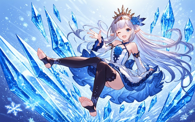  masterpiece, 1girl, pointy ears, solo, one eye closed, blue eyes, long hair, thighhighs, snowflakes, open mouth, tiara, smile, flower, toeless legwear, hair ornament, black thighhighs, hair flower, dress, feet, ;d, bare shoulders, blue flower, blue rose, crystal, rose, looking at viewer, white hair, very long hair, ice, detached sleeves, white dress, barefoot, soles