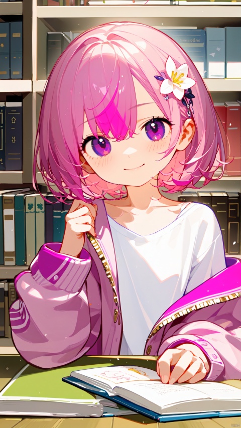1girl, solo, looking_at_viewer, blush, smile, short_hair, bangs, shirt, hair_ornament, long_sleeves, holding, hair_between_eyes, closed_mouth, purple_eyes, collarbone, jacket, upper_body, pink_hair, flower, open_clothes, indoors, hair_flower, pink_eyes, off_shoulder, book, holding_book, pink_shirt, open_book, bookshelf, pink_jacket, shelf, library