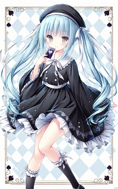 1girl, card, solo, playing card, hat, long hair, twintails, smile, black headwear, bangs, socks, long sleeves, dress, blue hair, closed mouth, very long hair, frills, blush, black dress, beret, looking at viewer, kneehighs, holding, bow, ribbon, black socks, spade (shape), grey eyes, club (shape), white bow, holding card, shirt, feet out of frame, argyle, heart, hand up, skirt, wide sleeves, white ribbon, ringlets, frilled socks