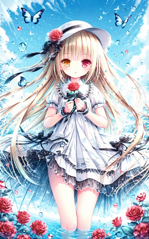 (masterpiece), (best quality), illustration, ultra detailed, hdr, Depth of field, (colorful), loli,1girl, solo, long hair, looking at viewer, bangs, blonde hair, red eyes, hat, dress, bow, holding, very long hair, flower, short sleeves, multicolored hair, parted lips, water, white dress, wrist cuffs, black bow, rose, heterochromia, white headwear, bug, red flower, butterfly, red rose