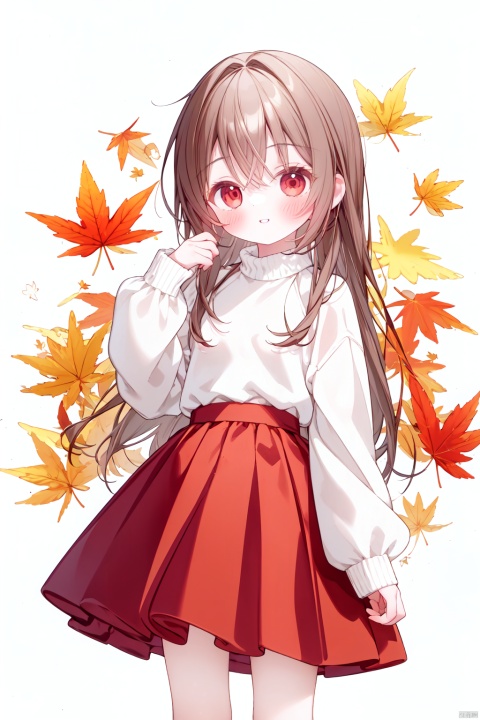  1girl, solo, long hair, looking at viewer, blush, smile, bangs, skirt, brown hair, shirt, red eyes, long sleeves, white background, hair between eyes, very long hair, standing, white shirt, pleated skirt, parted lips, puffy sleeves, hand up, sweater, sleeves past wrists, feet out of frame, red skirt, leaf, hair flaps, puffy long sleeves, white sweater, autumn leaves, maple leaf, ginkgo leaf