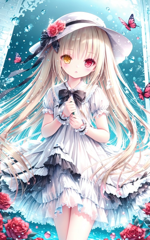  (masterpiece), (best quality), illustration, ultra detailed, hdr, Depth of field, (colorful), loli,1girl, solo, long hair, looking at viewer, bangs, blonde hair, red eyes, hat, dress, bow, holding, very long hair, flower, short sleeves, multicolored hair, parted lips, water, white dress, wrist cuffs, black bow, rose, heterochromia, white headwear, bug, red flower, butterfly, red rose