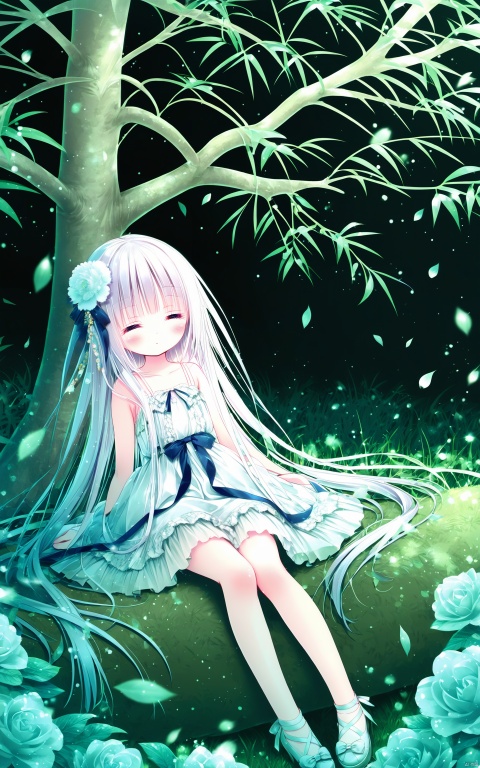 (masterpiece), (best quality), illustration, ultra detailed, hdr, Depth of field, (colorful),loli,1girl, solo, dress, long hair, closed eyes, black background, white dress, very long hair, flower, grass, sitting, tree, hair ornament, leaf, sleeveless, branch, simple background, bare shoulders, hair flower, sleeveless dress, closed mouth