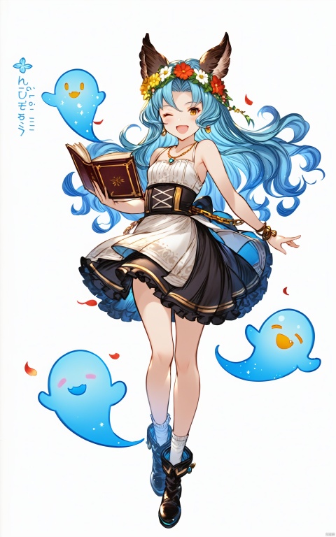 masterpiece, 1girl, erune, one eye closed, animal ears, long hair, ghost, sleeveless, blue hair, jewelry, skirt, open mouth, earrings, book, single earring, flower, full body, smile, holding, solo, looking at viewer, bare shoulders, head wreath, petals, ;d, brown eyes, holding book, breasts, simple background, white background, hair ornament, high-waist skirt, bangs, small breasts, blush, wavy hair, flower wreath, hair flower, sleeveless shirt, shirt, frills, socks, chain, bare arms, shoes, standing, necklace, yellow eyes, character name, black skirt, boots
