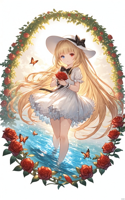  (masterpiece), (best quality), illustration, ultra detailed, hdr, Depth of field, (colorful), loli,1girl, solo, long hair, looking at viewer, bangs, blonde hair, red eyes, hat, dress, bow, holding, very long hair, flower, short sleeves, multicolored hair, parted lips, water, white dress, wrist cuffs, black bow, rose, heterochromia, white headwear, bug, red flower, butterfly, red rose