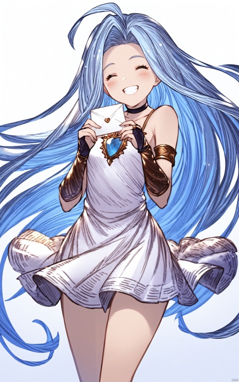 lyria (granblue fantasy), masterpiece, 1girl, long hair, dress, solo, ahoge, smile, closed eyes, white dress, thighlet, blue hair, white background, very long hair, simple background, bridal gauntlets, choker, bare shoulders, holding, envelope, grin, blush, collarbone, facing viewer, cowboy shot, ^_^, floating hair, letter, armlet, holding envelope, standing, short dress