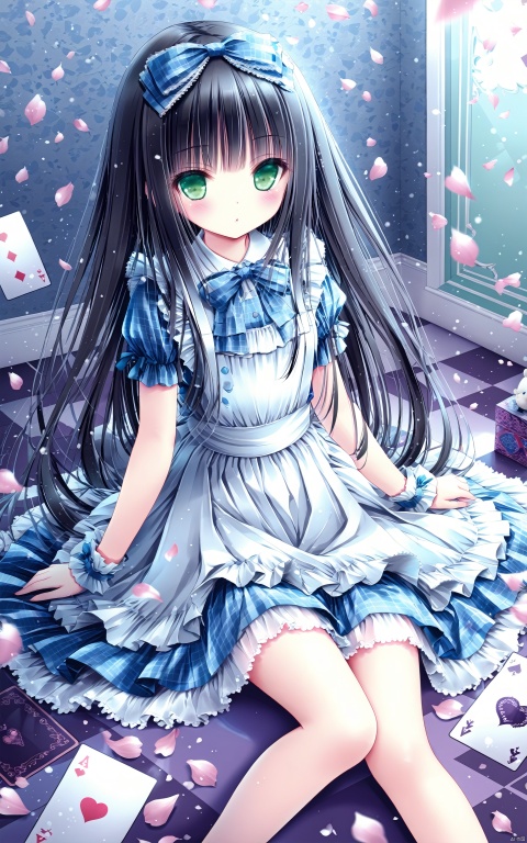  (masterpiece), (best quality), illustration, ultra detailed, hdr, Depth of field, (colorful),1girl, long hair, green eyes, checkered floor, stuffed toy, stuffed animal, solo, dress, black hair, bow, hair bow, playing card, card, stuffed bunny, petals, looking at viewer, blush, wrist cuffs, blue dress, apron, short sleeves, heart, frills, sitting, bangs, keaiduo