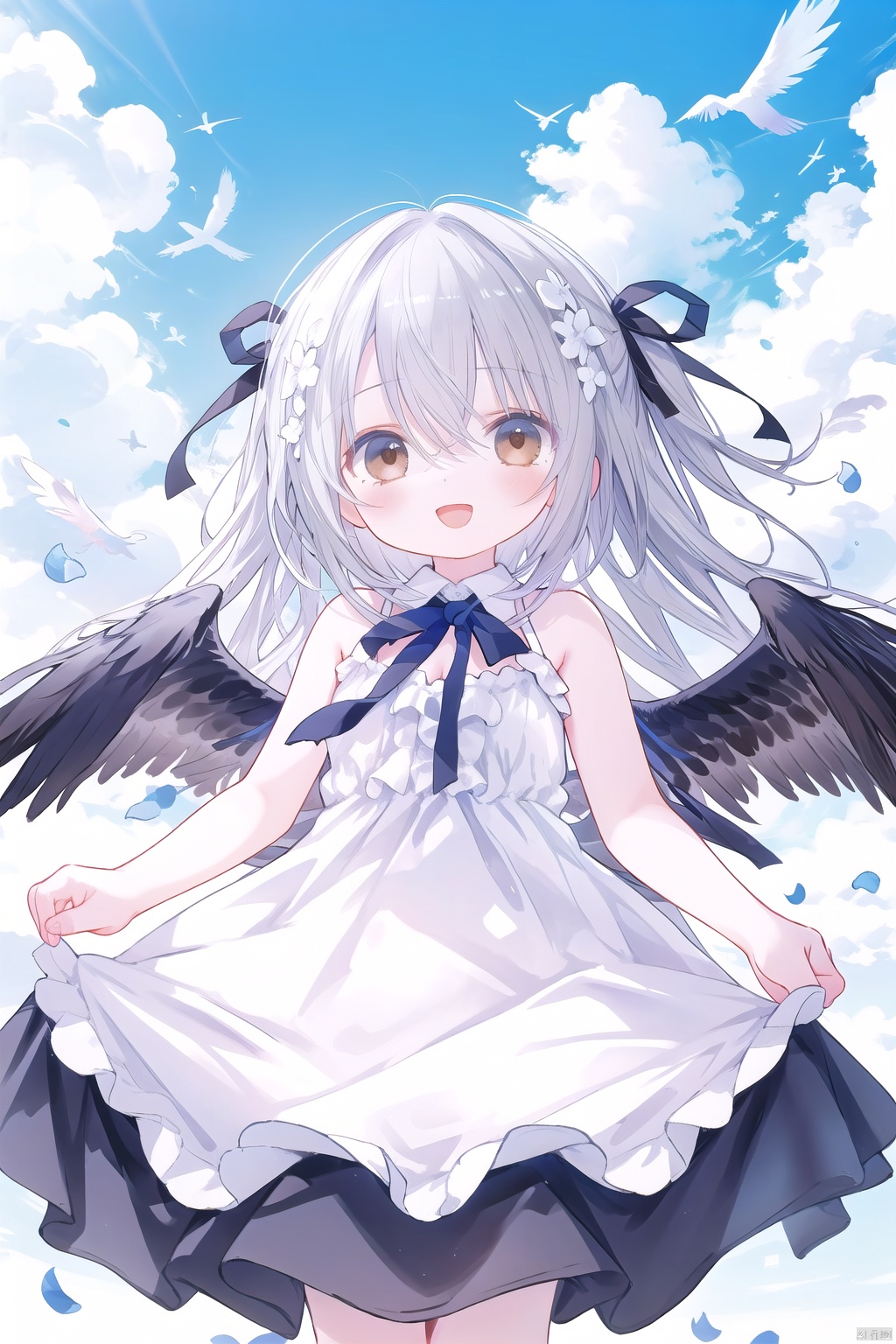 1girl, solo, long_hair, looking_at_viewer, smile, open_mouth, bangs, dress, ribbon, hair_between_eyes, bare_shoulders, brown_eyes, very_long_hair, standing, hair_ribbon, :d, grey_hair, outdoors, frills, wings, sky, sleeveless, day, cloud, white_dress, two_side_up, blue_sky, bare_arms, petals, black_ribbon, neck_ribbon, sleeveless_dress, hair_intakes, frilled_dress, cloudy_sky, feathered_wings, skirt_hold, white_wings, collared_dress, detached_wings, mini_wings