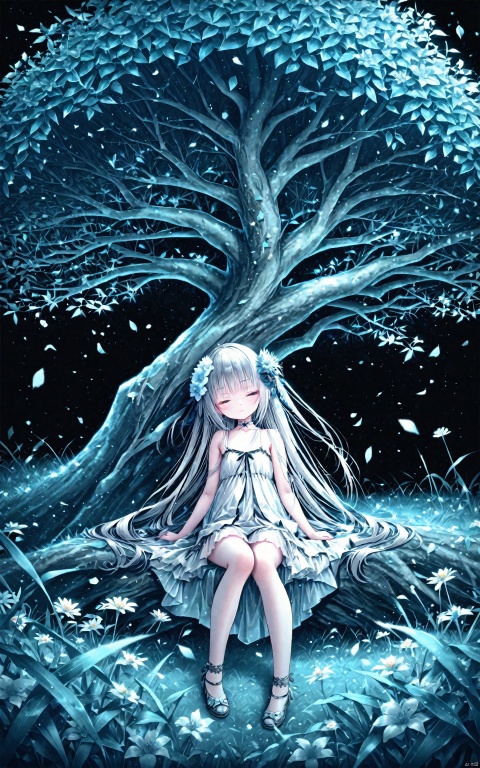  (masterpiece), (best quality), illustration, ultra detailed, hdr, Depth of field, (colorful),loli,1girl, solo, dress, long hair, closed eyes, black background, white dress, very long hair, flower, grass, sitting, tree, hair ornament, leaf, sleeveless, branch, simple background, bare shoulders, hair flower, sleeveless dress, closed mouth