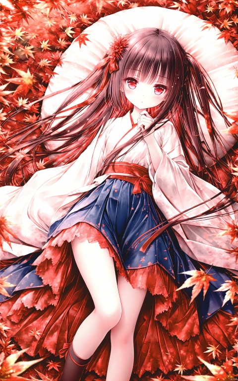 (masterpiece), (best quality), illustration, ultra detailed, hdr, Depth of field, (colorful), loli, artist roha, Girl, in the autumn, red maple leaves, a girl wearing Hanfu, a white top, a blue skirt, a hair bun, long hair, black hair, small chest, holding maple leaves in hand, looking at the camera.