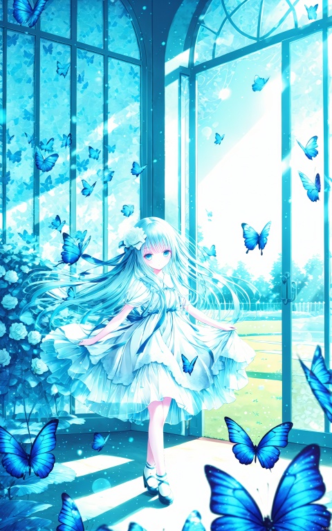  wide shot,(depth of field),global illumination,soft shadows,backlight,lens flare,((colorful refraction)),((cinematic lighting),looking outside,with butterfly,1girl with lightblue long hair and blue aqua eyes,hair flowers,hime cut,sunlight,blurry background,blurry,garden,White Dress